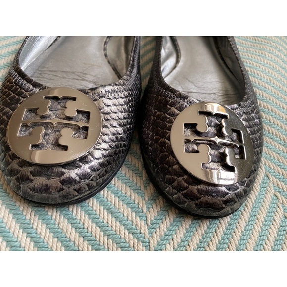 TORY BURCH Snakeskin Leather Logo Ballet Flats - Picture 8 of 13